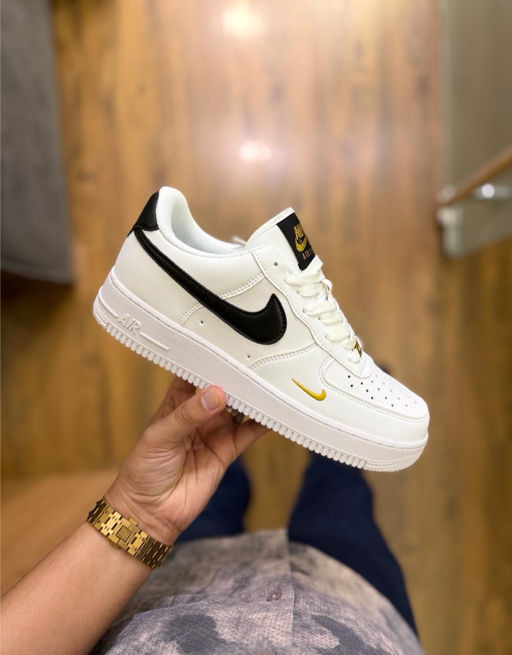 Nike Airforce One White Black Gold Sneaker for Men's